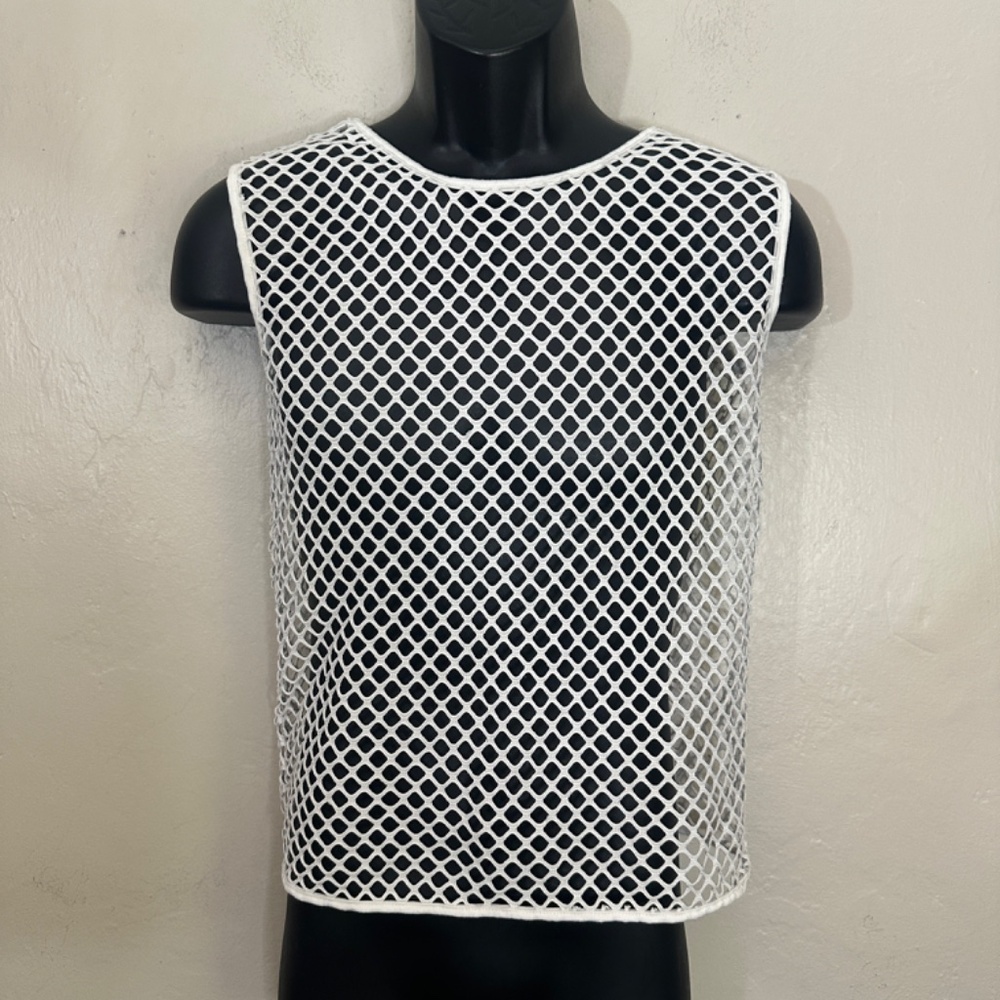 Ball Fishnet Sleeveless T Shirt 18" armpit to armpit seams unstretched Open - Picture 2 of 4